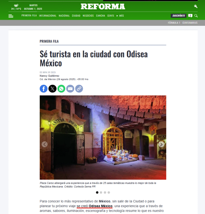 Nota de Reforma sobre la experiencia inmersiva Odisea México