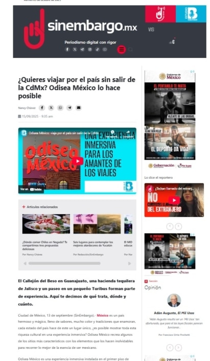 nota de Sin Embargo sobre la experiencia inmersiva Odisea México