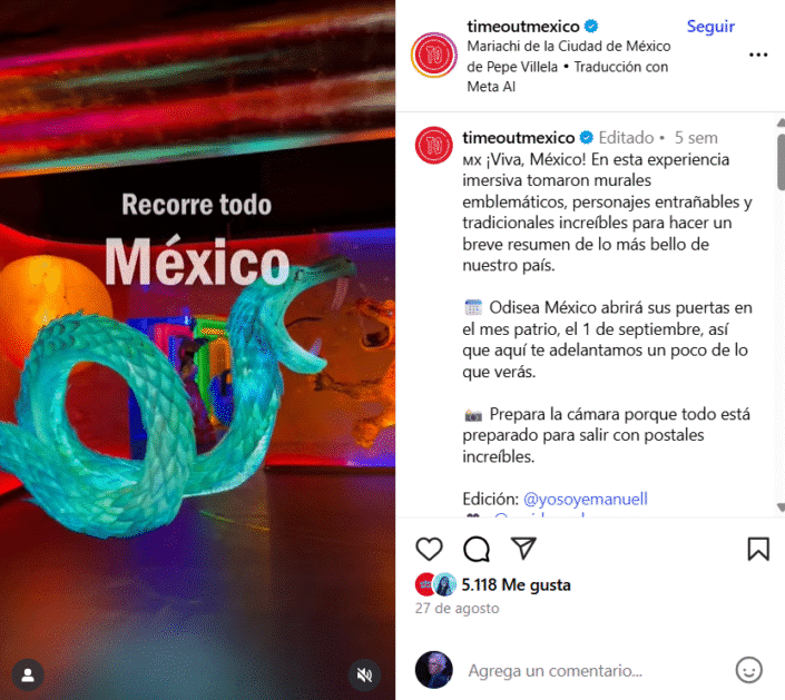 post de Instagram de Time Out sobre la experiencia inmersiva Odisea México
