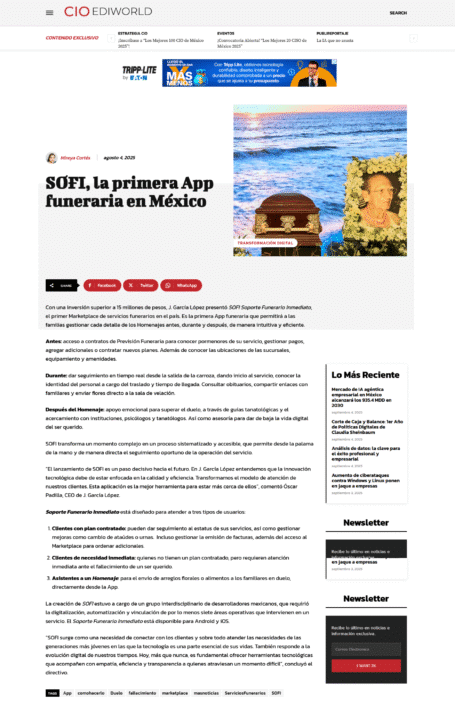 Nota de CIO Ediworld sobre SoFi, la app funeraria de J. García López