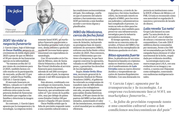 Nota de El Financiero sobre SoFi, la app funeraria de J. García López