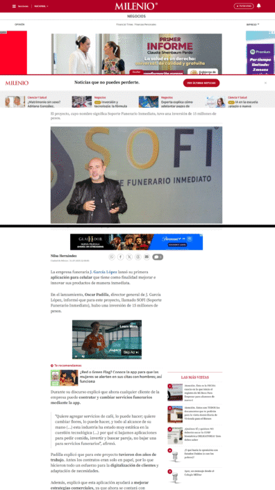Nota de Milenio sobre SoFi, la app funeraria de J. García López