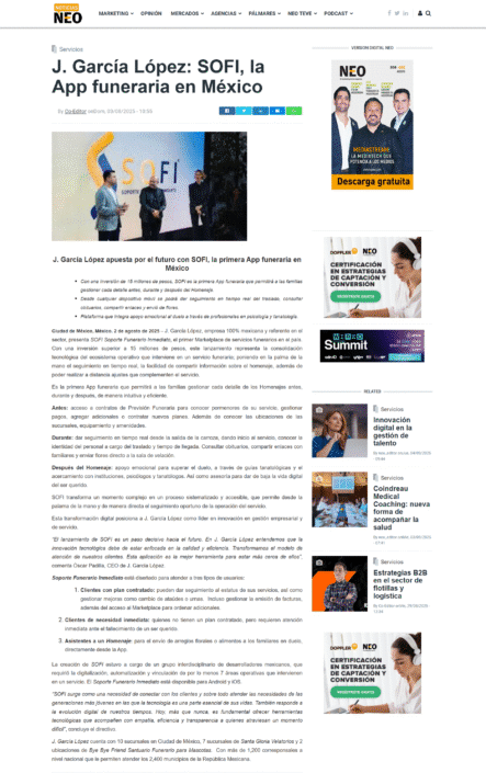 Nota de Neo sobre SoFi, la app funeraria de J. García López
