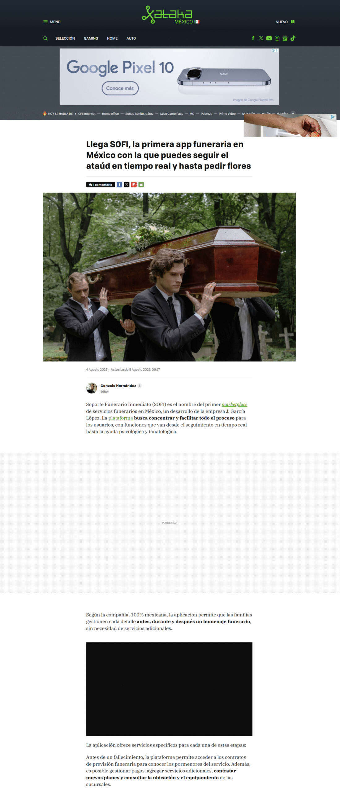 Nota de Xacata sobre SoFi, la app funeraria de J. García López