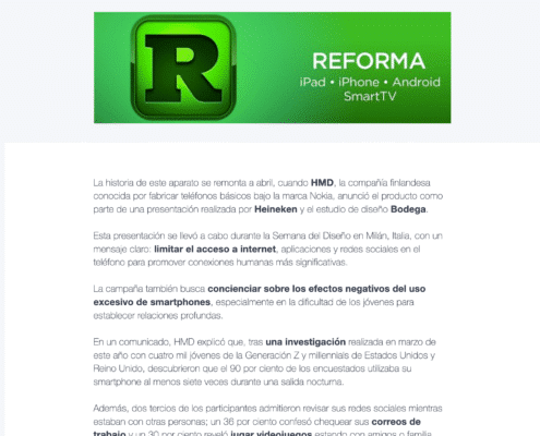 Nota de Reforma sobre la campaña The Boring Phone de Heinken