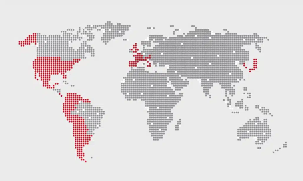 mapa mundial donde se muestran e rojo los países donde Serna Group tiene presencia y se localizan principalmente en América y Europa