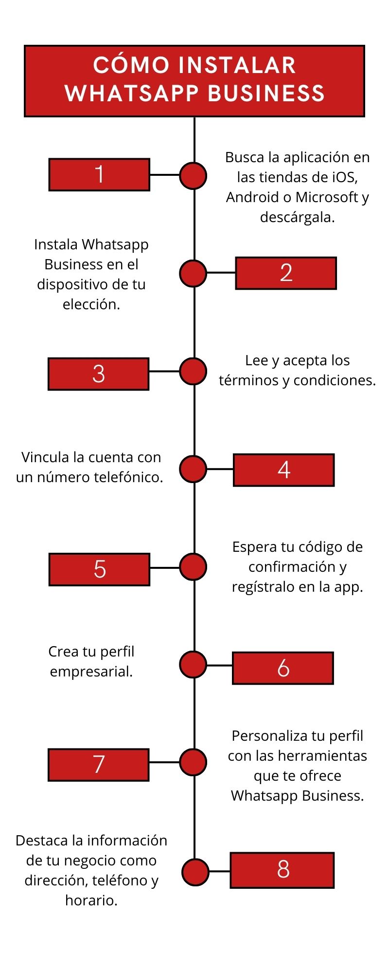 diagrama de 8 pasos para instalar whatsapp business